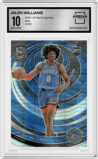 Jalen Williams from the 2022-23 Panini Spectra set featuring a Asia parallel graded by Arena Club and given an overall grade of 10.