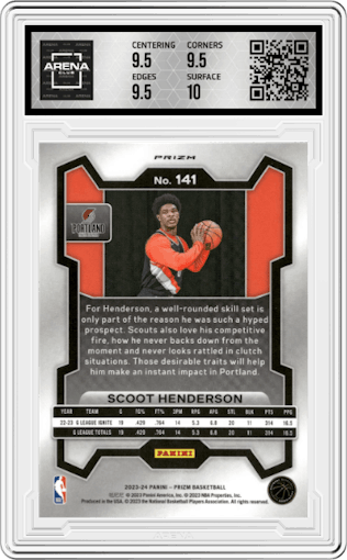 Scoot Henderson from the 2023-24 Panini Prizm set featuring a Pink Ice parallel graded by Arena Club and given an overall grade of 10.