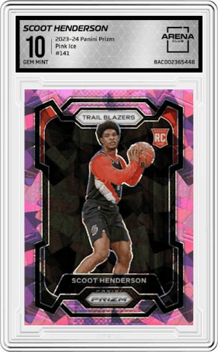 Scoot Henderson from the 2023-24 Panini Prizm set featuring a Pink Ice parallel graded by Arena Club and given an overall grade of 10.