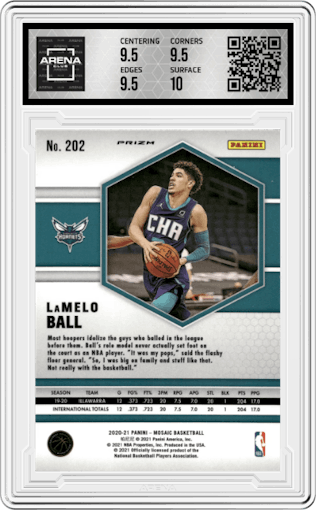 LaMelo Ball from the 2020-21 Panini Mosaic set featuring a Green Mosaic parallel graded by Arena Club and given an overall grade of 10.