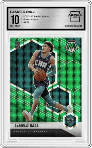 LaMelo Ball from the 2020-21 Panini Mosaic set featuring a Green Mosaic parallel graded by Arena Club and given an overall grade of 10.
