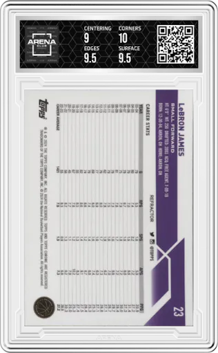 LeBron James from the 2023-24 Topps Chrome set featuring a Refractor parallel graded by Arena Club and given an overall grade of 9.5.