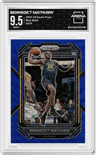 Bennedict Mathurin from the 2022-23 Panini Prizm  set featuring a Blue Wave parallel graded by Arena Club and given an overall grade of 9.5.