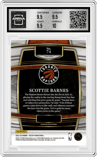 Scottie Barnes from the 2021-22 Panini Select set featuring a Red Wave parallel graded by Arena Club and given an overall grade of 10.