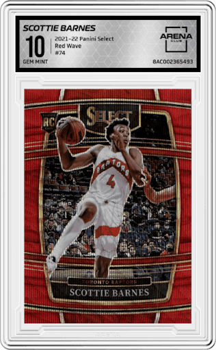 Scottie Barnes from the 2021-22 Panini Select set featuring a Red Wave parallel graded by Arena Club and given an overall grade of 10.