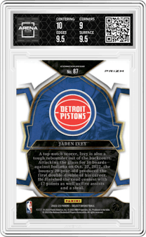 Jaden Ivey  from the 2022-23 Panini Select set featuring a Silver Prizm parallel graded by Arena Club and given an overall grade of 9.5.
