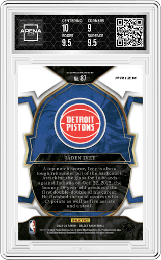 Jaden Ivey  from the 2022-23 Panini Select set featuring a Silver Prizm parallel graded by Arena Club and given an overall grade of 9.5.