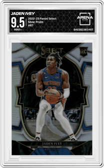Jaden Ivey  from the 2022-23 Panini Select set featuring a Silver Prizm parallel graded by Arena Club and given an overall grade of 9.5.