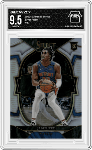 Jaden Ivey  from the 2022-23 Panini Select set featuring a Silver Prizm parallel graded by Arena Club and given an overall grade of 9.5.
