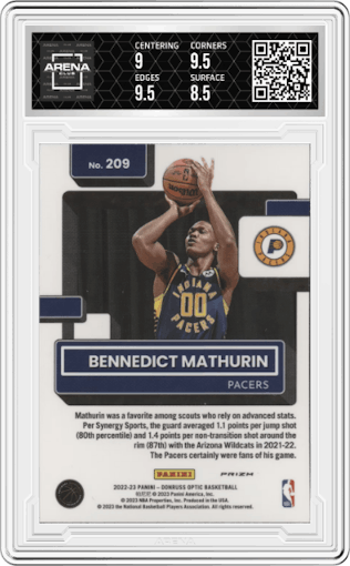 Bennedict Mathurin from the 2022-23 Panini Donruss Optic  set featuring a Choice parallel graded by Arena Club and given an overall grade of 9.