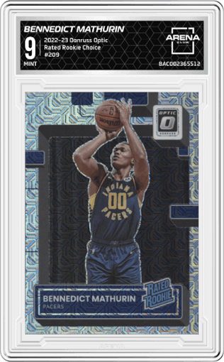 Bennedict Mathurin from the 2022-23 Panini Donruss Optic  set featuring a Choice parallel graded by Arena Club and given an overall grade of 9.