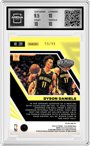 Dyson Daniels from the 2022-23 Panini Flux set featuring a Blue parallel graded by Arena Club and given an overall grade of 10.