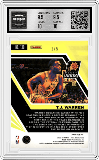 T.J. Warren from the 2022-23 Panini Flux set featuring a Green parallel graded by Arena Club and given an overall grade of 10.
