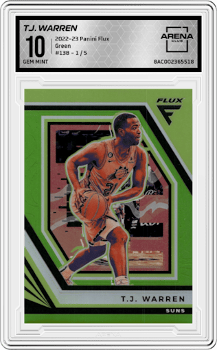 T.J. Warren from the 2022-23 Panini Flux set featuring a Green parallel graded by Arena Club and given an overall grade of 10.
