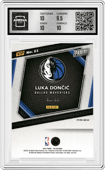 Luka Doncic from the 2023 Panini The National VIP set featuring a Green Sparkle parallel graded by Arena Club and given an overall grade of 10.