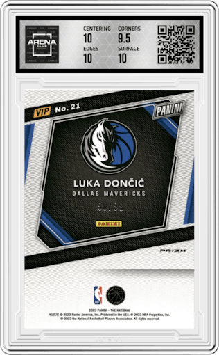 Luka Doncic from the 2023 Panini The National VIP set featuring a Green Sparkle parallel graded by Arena Club and given an overall grade of 10.