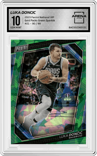 Luka Doncic from the 2023 Panini The National VIP set featuring a Green Sparkle parallel graded by Arena Club and given an overall grade of 10.