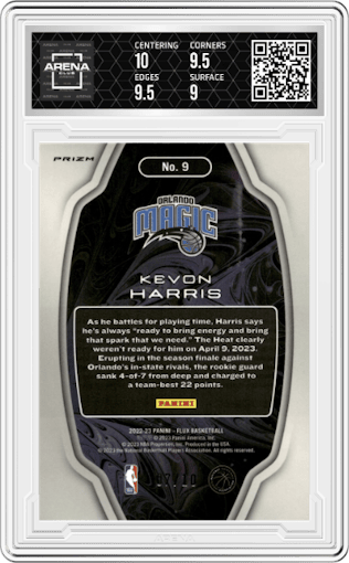 Kevon Harris from the 2022-23 Panini Flux set featuring a Gold parallel graded by Arena Club and given an overall grade of 9.5.