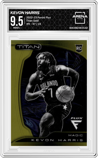 Kevon Harris from the 2022-23 Panini Flux set featuring a Gold parallel graded by Arena Club and given an overall grade of 9.5.