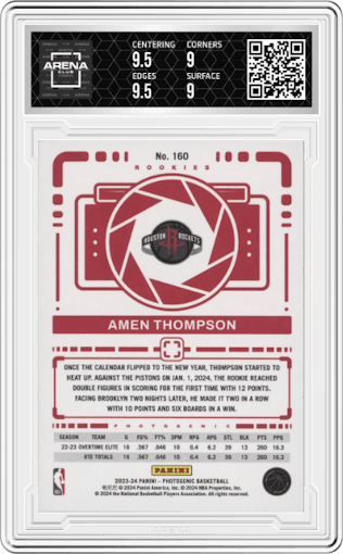 Amen Thompson from the 2023-24 Panini Photogenic set graded by Arena Club and given an overall grade of 9.5.
