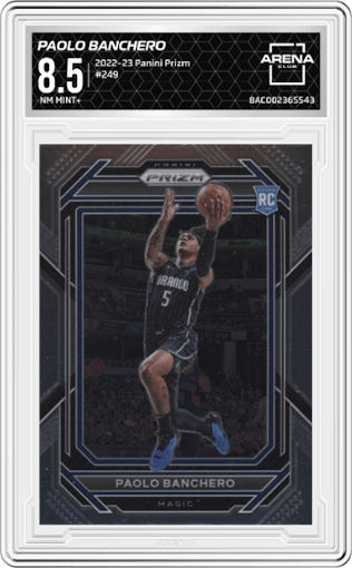 Paolo Banchero from the 2022-23 Panini Prizm  set graded by Arena Club and given an overall grade of 8.5.