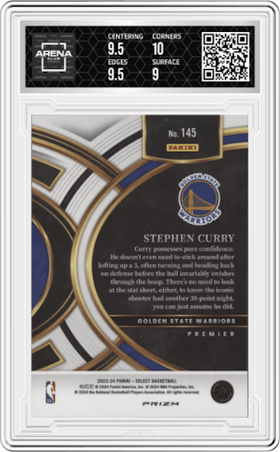 Stephen Curry from the 2023-24 Panini Select  set featuring a Silver Prizm parallel graded by Arena Club and given an overall grade of 9.5.