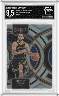Stephen Curry from the 2023-24 Panini Select  set featuring a Silver Prizm parallel graded by Arena Club and given an overall grade of 9.5.