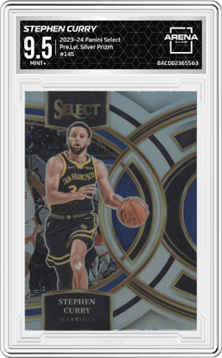 Stephen Curry from the 2023-24 Panini Select  set featuring a Silver Prizm parallel graded by Arena Club and given an overall grade of 9.5.