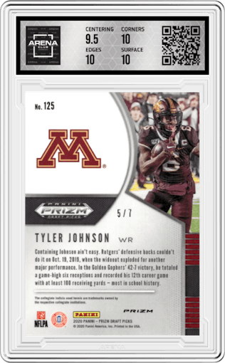 Tyler Johnson from the 2020 Panini Prizm Draft Picks set featuring a Gold Ice parallel graded by Arena Club and given an overall grade of 10.