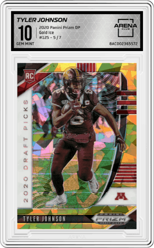 Tyler Johnson from the 2020 Panini Prizm Draft Picks set featuring a Gold Ice parallel graded by Arena Club and given an overall grade of 10.