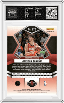 Alperen Sengun from the 2021-22 Panini Mosaic  set featuring a Fast Break parallel graded by Arena Club and given an overall grade of 9.5.
