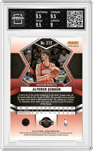Alperen Sengun from the 2021-22 Panini Mosaic  set featuring a Fast Break parallel graded by Arena Club and given an overall grade of 9.5.