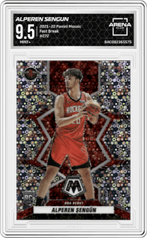 Alperen Sengun from the 2021-22 Panini Mosaic  set featuring a Fast Break parallel graded by Arena Club and given an overall grade of 9.5.