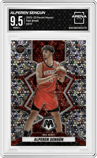 Alperen Sengun from the 2021-22 Panini Mosaic  set featuring a Fast Break parallel graded by Arena Club and given an overall grade of 9.5.