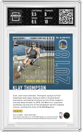 Klay Thompson from the 2021-22 Panini NBA Hoops set featuring a Winter parallel graded by Arena Club and given an overall grade of 8.5.