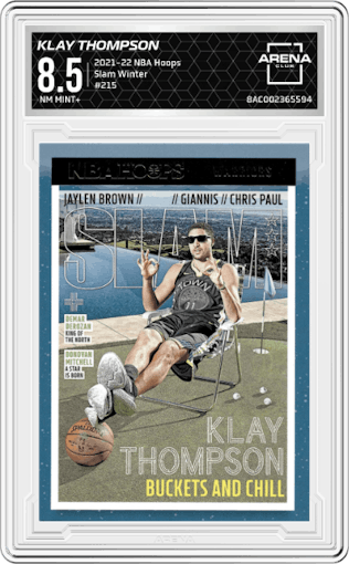 Klay Thompson from the 2021-22 Panini NBA Hoops set featuring a Winter parallel graded by Arena Club and given an overall grade of 8.5.