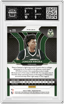 Jordan Nwora from the 2020-21 Panini Prizm set featuring a Blue Ice parallel graded by Arena Club and given an overall grade of 9.5.