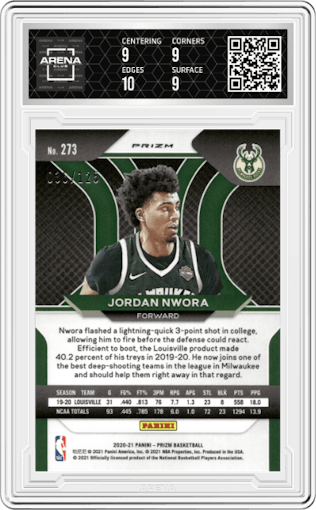 Jordan Nwora from the 2020-21 Panini Prizm set featuring a Blue Ice parallel graded by Arena Club and given an overall grade of 9.5.