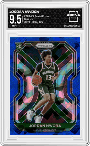 Jordan Nwora from the 2020-21 Panini Prizm set featuring a Blue Ice parallel graded by Arena Club and given an overall grade of 9.5.