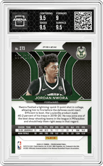 Jordan Nwora from the 2020-21 Panini Prizm set featuring a Purple Ice parallel graded by Arena Club and given an overall grade of 9.5.