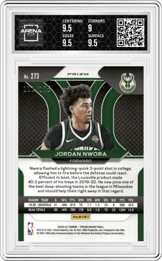 Jordan Nwora from the 2020-21 Panini Prizm set featuring a Purple Ice parallel graded by Arena Club and given an overall grade of 9.5.