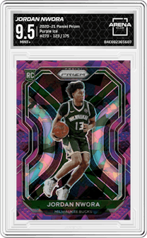 Jordan Nwora from the 2020-21 Panini Prizm set featuring a Purple Ice parallel graded by Arena Club and given an overall grade of 9.5.