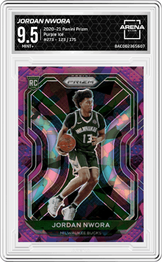Jordan Nwora from the 2020-21 Panini Prizm set featuring a Purple Ice parallel graded by Arena Club and given an overall grade of 9.5.