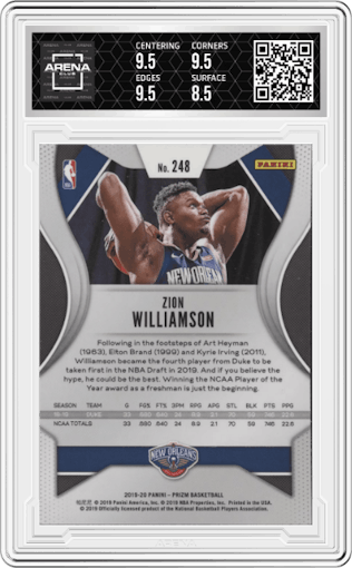 Zion Williamson from the 2019-20 Panini Prizm set graded by Arena Club and given an overall grade of 9.