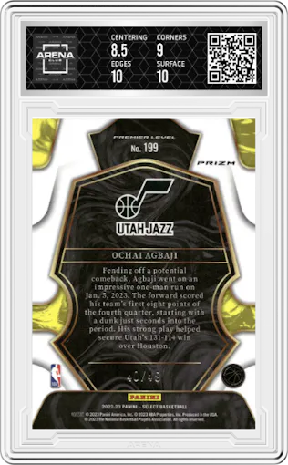 Ochai Agbaji  from the 2022-23 Panini Select set featuring a Red Disco parallel graded by Arena Club and given an overall grade of 9.