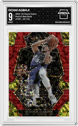 Ochai Agbaji  from the 2022-23 Panini Select set featuring a Red Disco parallel graded by Arena Club and given an overall grade of 9.