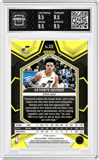 Keyonte George from the 2023-24 Panini Mosaic set featuring a Reactive Blue parallel graded by Arena Club and given an overall grade of 9.