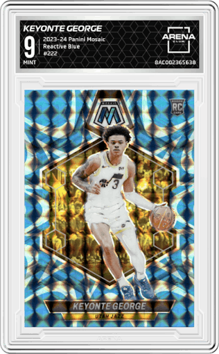 Keyonte George from the 2023-24 Panini Mosaic set featuring a Reactive Blue parallel graded by Arena Club and given an overall grade of 9.