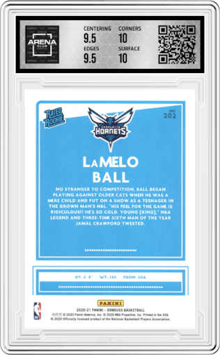 LaMelo Ball from the 2020-21 Panini Donruss set graded by Arena Club and given an overall grade of 10.