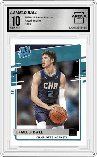 LaMelo Ball from the 2020-21 Panini Donruss set graded by Arena Club and given an overall grade of 10.